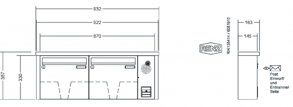 RENZ Briefkastenanlage Aufputz, Tetro, Edelstahl V4A, Kastenformat 370x330x145mm, mit Klingel - & Lichttaster und Vorbereitung Gegensprechanlage, 2-teilig